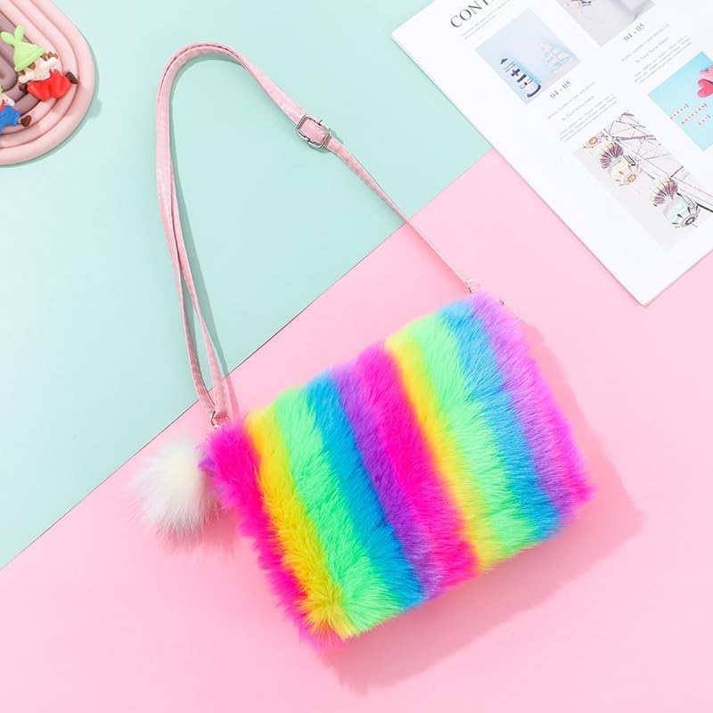 Newfancy Women Girls Kids Fluffy Fuzzy Bag Plush Tie Dye Rainbow Crossbody Purse Wallet - Image 1